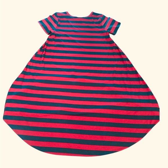Lularoe Carly Dress Size Medium Red Green Striped Short Sleeve Chest Pocket - Picture 6 of 10